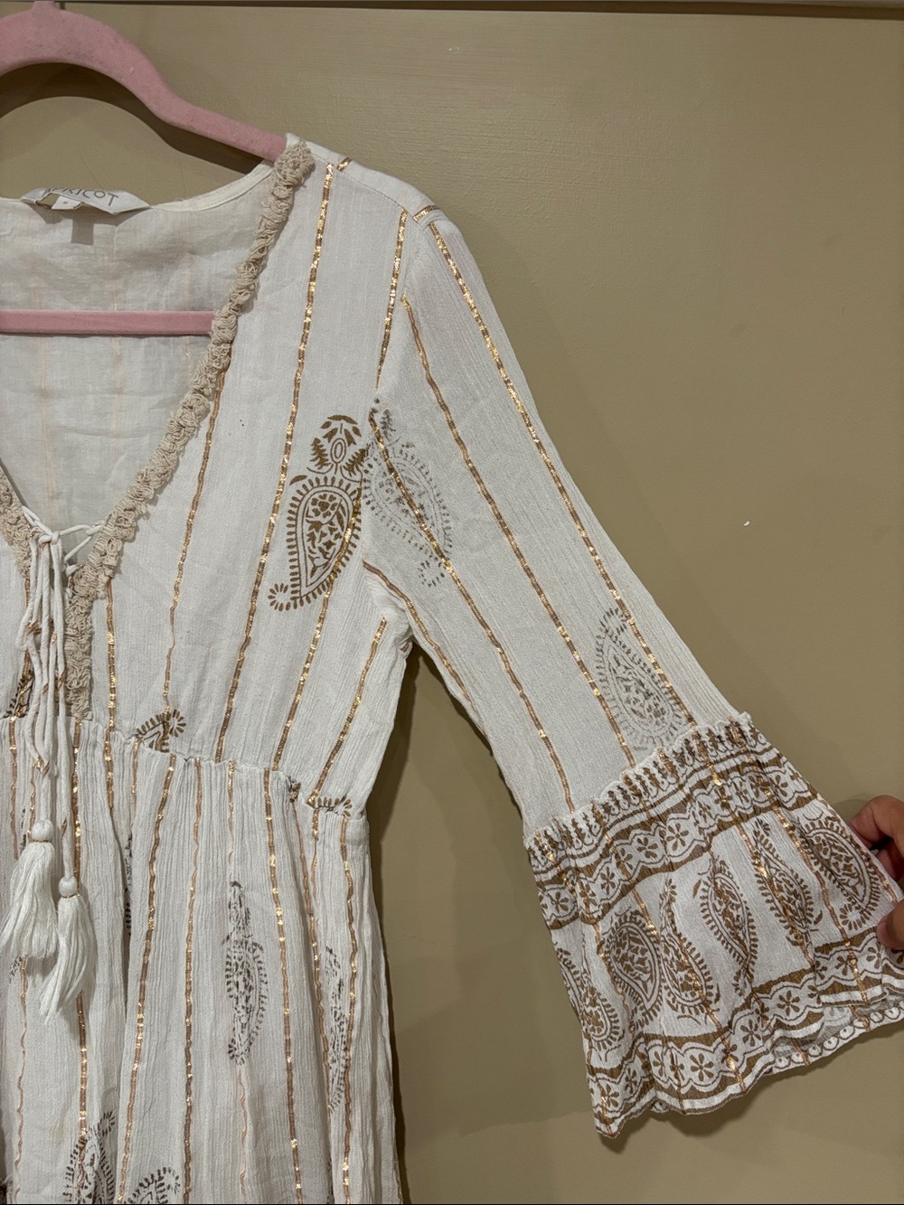 Boho Tassel Tie V-Neck Women’s Dress in Cream and Brown - Picture 3 of 6